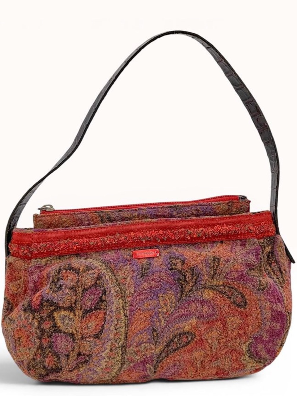 Vintage Etro Red Paisley Wool Baguette Shoulder Bag Multicolor Made In Italy